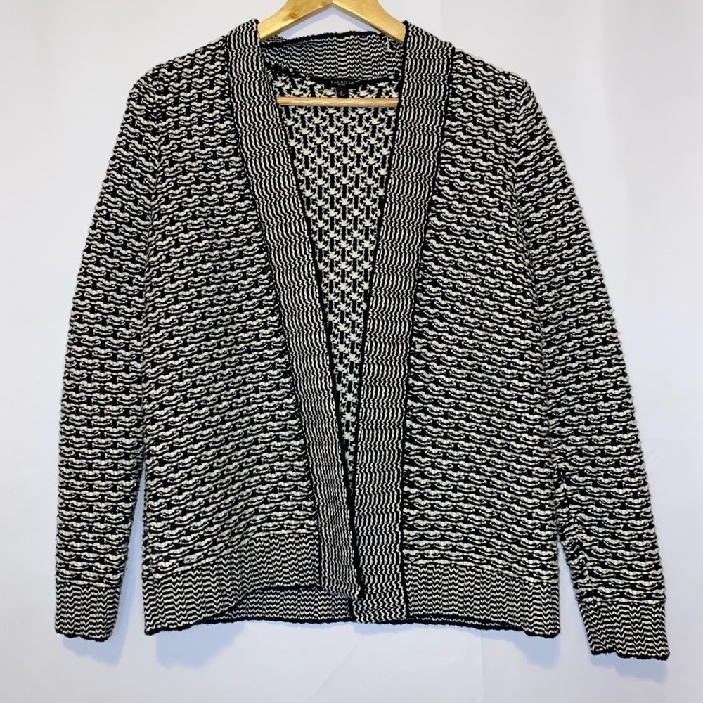 Talbots Wool Blend  White & Black Chunky Knit Open Cardigan Sweater Size Small - Picture 2 of 9